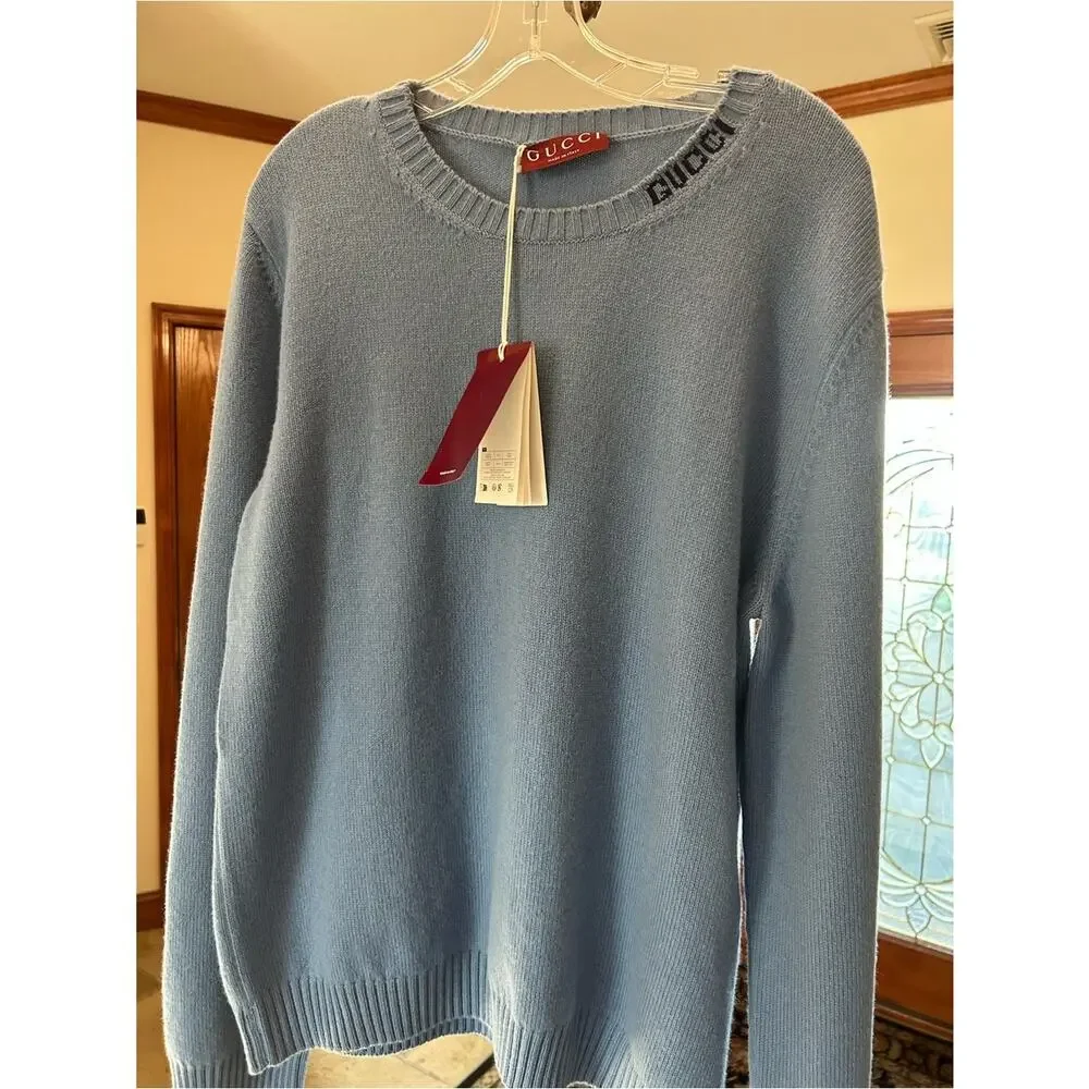 Men's Gucci Light Blue Men's felted wool knit Crewneck Sweater size XXXL Italy